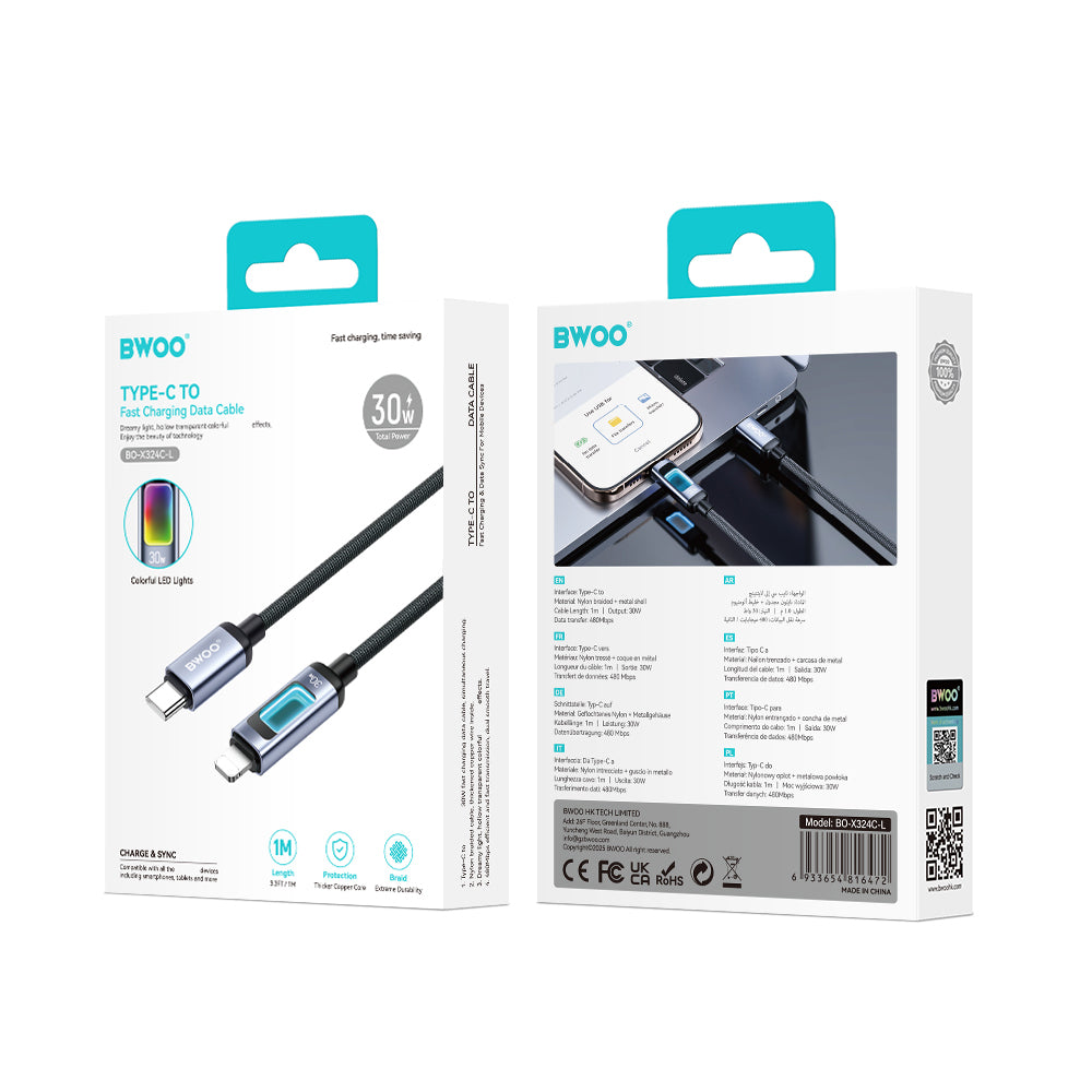 BWOO X324CL braided fast charging cable with light display PD 27W USB-C - Lightning