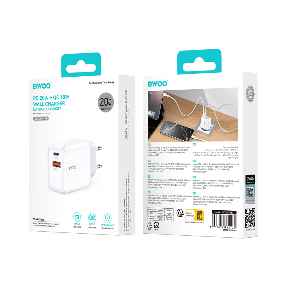 BWOO wall charger CDA182 QC 38W 1x USB-A + 1x USB-C white