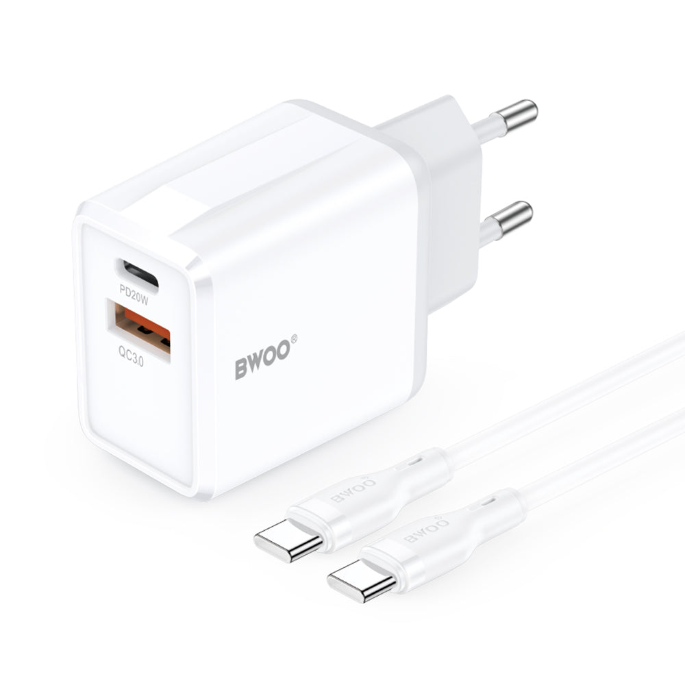 BWOO wall charger CDA182 QC 38W 1x USB-A + 1x USB-C with USB-C cable 1 m black