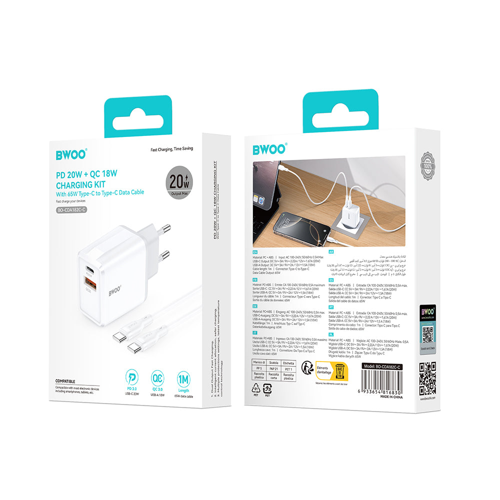BWOO wall charger CDA182 QC 38W 1x USB-A + 1x USB-C with USB-C cable 1 m black