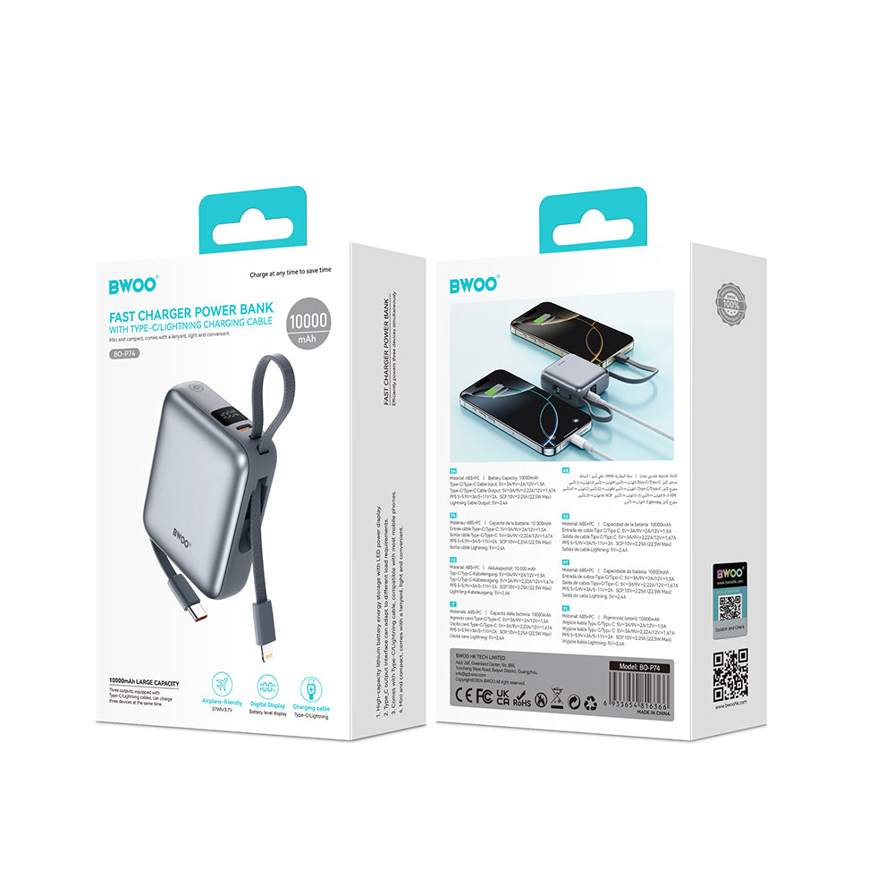 Chargeur BWOO P74 22.5W 10000 mAh câbles intégrés USB-C Lightning noir