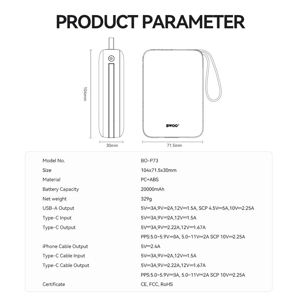 Chargeur portable BWOO P73 22.5W 20000 mAh USB-C Lightning noir