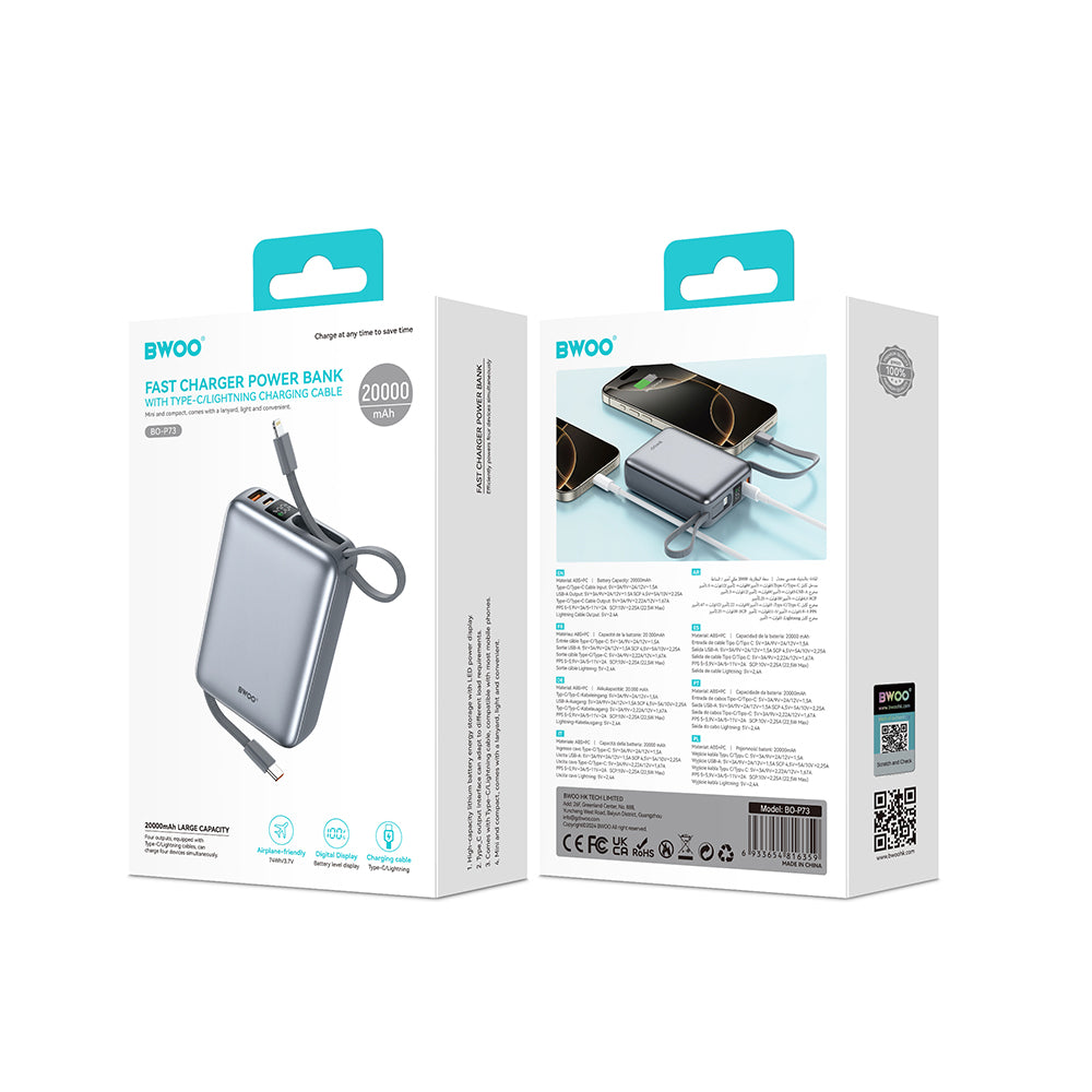 Chargeur portable BWOO P73 22.5W 20000 mAh USB-C Lightning noir