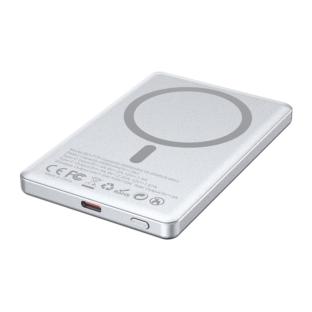Chargeur BWOO P75 magnétique 5000 mAh PD 20W USB-C argent