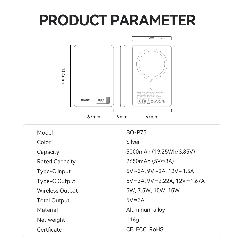 Chargeur BWOO P75 magnétique 5000 mAh PD 20W USB-C argent