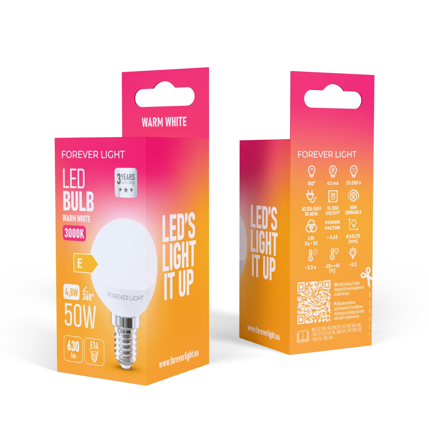 Ampoule LED E14 G45 4.8W 630lm 3000K Classe E Forever Light