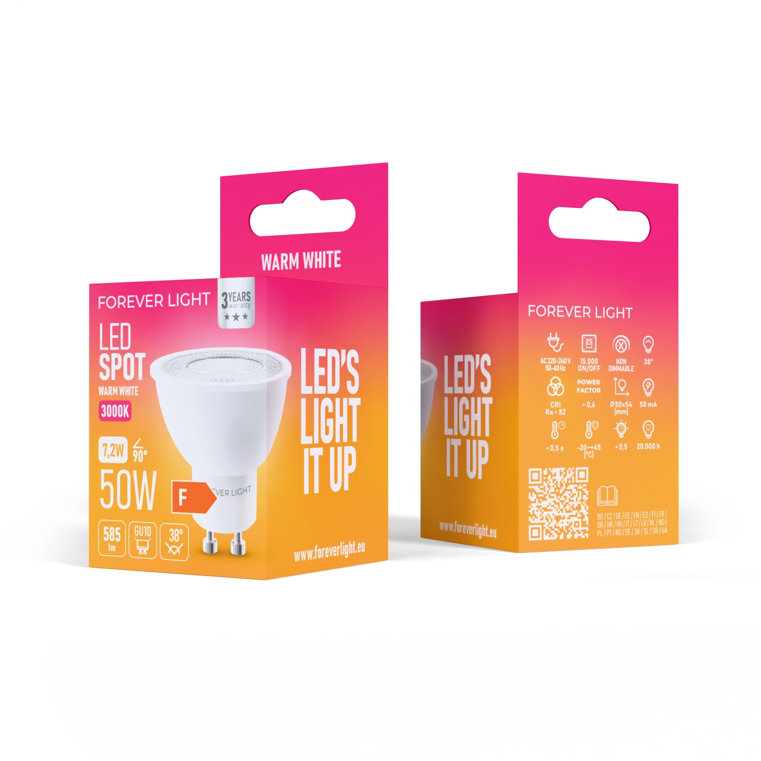 Ampoule LED GU10 38° 7.2W 585lm 3000K Classe F