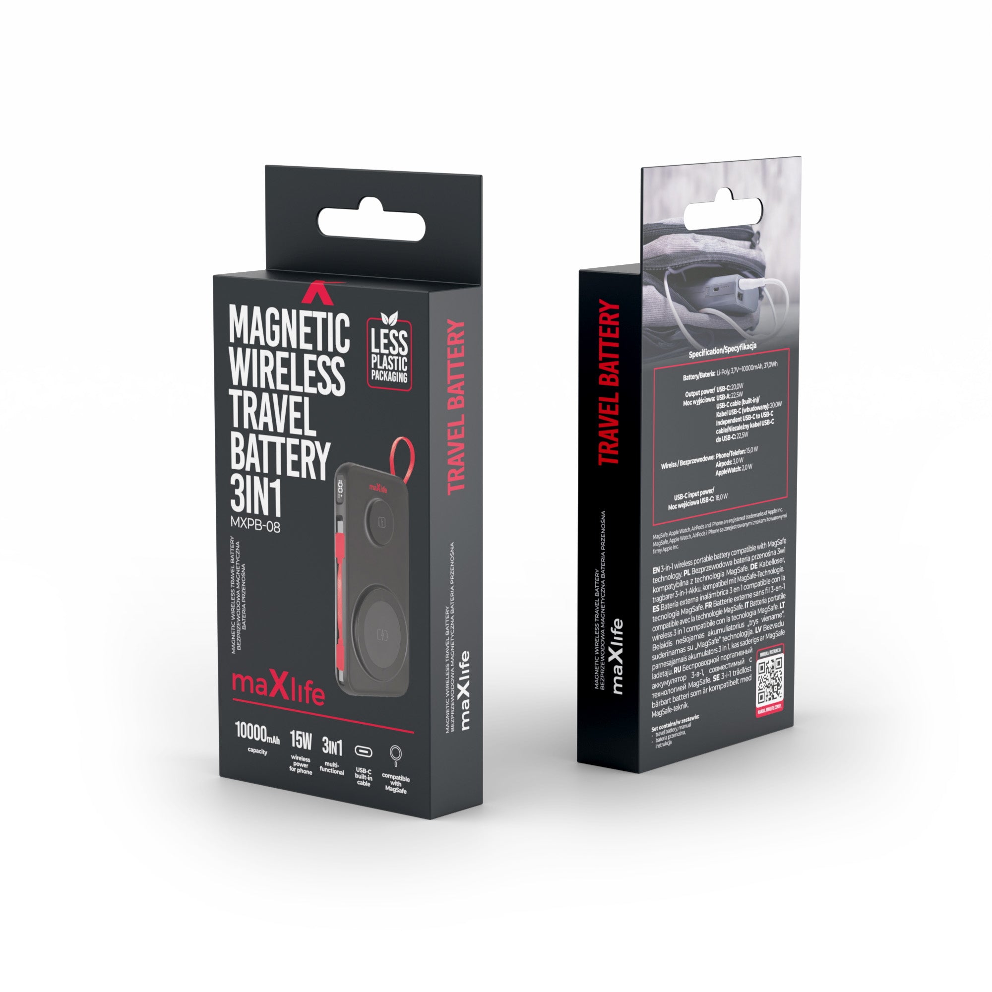 Maxlife wireless power bank MXPB-08 10000 mAh magnetic 3in1 black