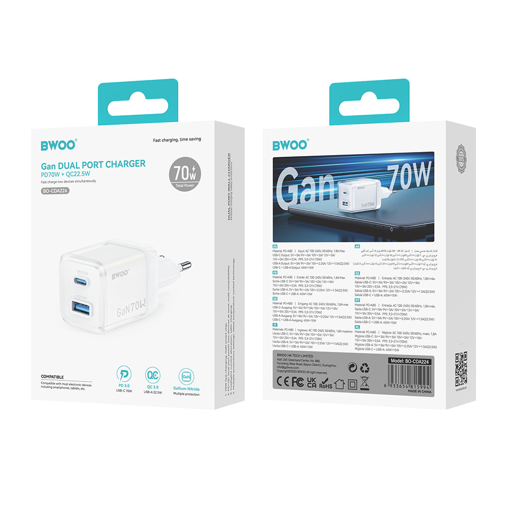 Chargeur mural BWOO GaN 70W USB-C + USB-A