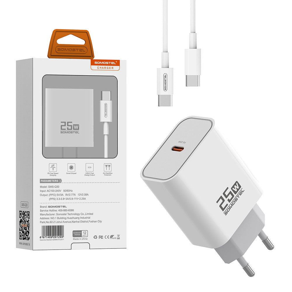 Ładowarka Sieciowa Somostel 25W PD + kabel usb-c - usb-c 1m biała TTT