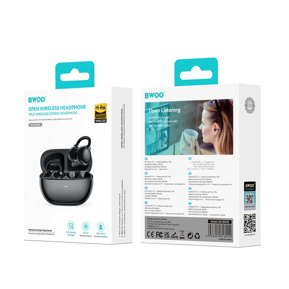 Écouteurs Bluetooth BWOO BW39 TWS — Clip-on, IPX5, 8h autonomie
