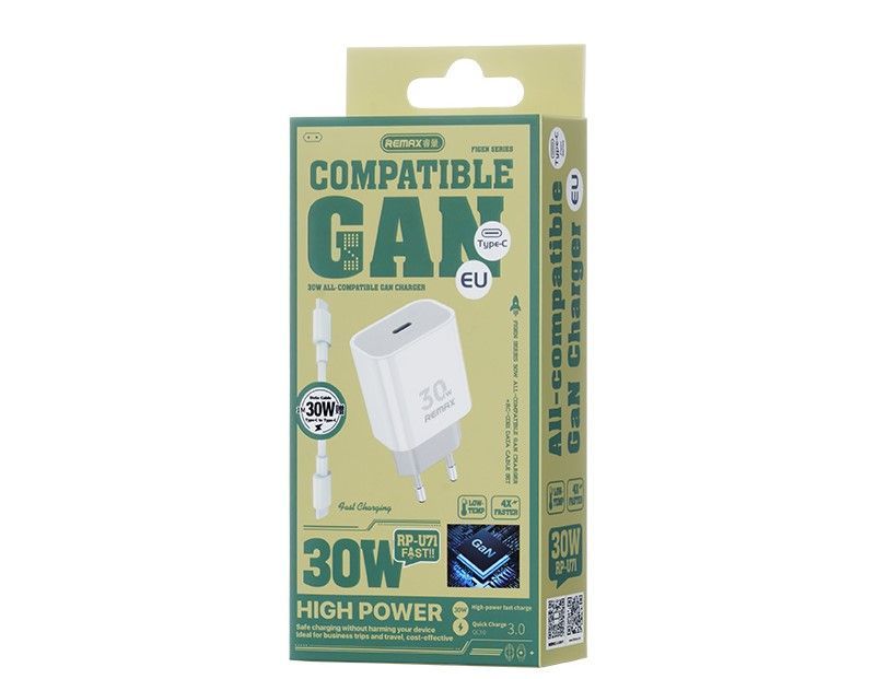 REMAX WALL CHARGER FIGEN SERIES 30W GaN RC-C021 USB-C+ USB-C/C CABLE 1M WHITE