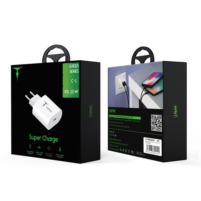 WALL CHARGER T-PHOX ISPEED 20W USB-C/LIGHTNING CABLE WHITE