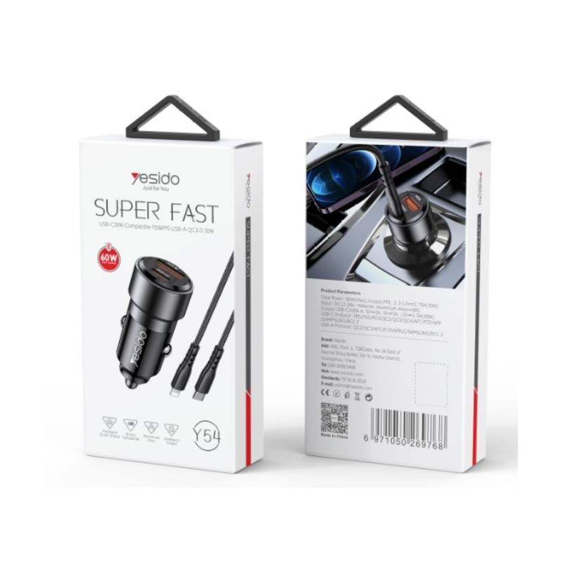 YESIDO CAR CHARGER Y54 60W QC3.0 USB-A+C + TYPE-C/LIGHTNING CABLE 60W BLACK