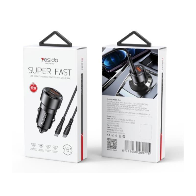 YESIDO CAR CHARGER Y55 60W QC3.0 USB-A+C + TYPE-C/TYPE-C CABLE 60W BLACK