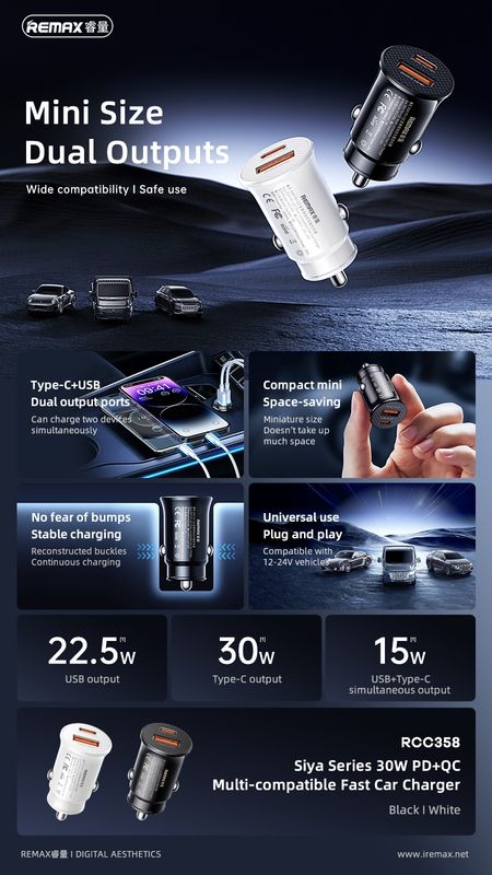 CAR CHARGER REMAX SIYA SERIES 30W RCC358 PD QC USB-C/USB BLACK