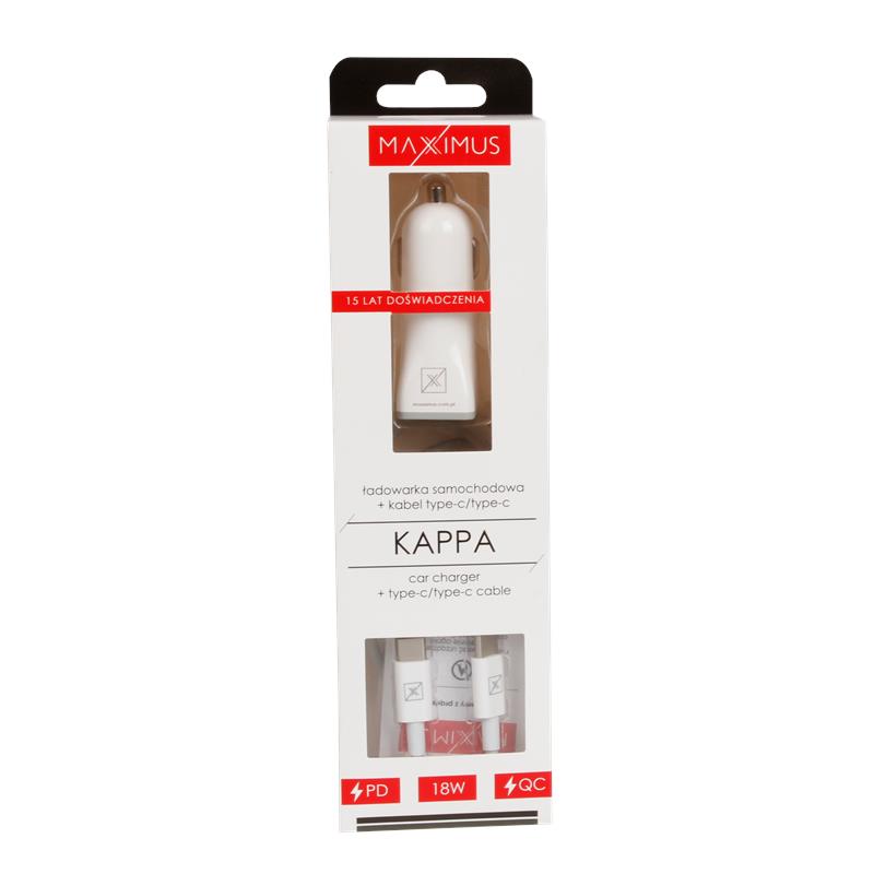 Chargeur voiture Maxximus MX Kappa 18W — USB-A et USB-C, câble PD 20W inclus, blanc