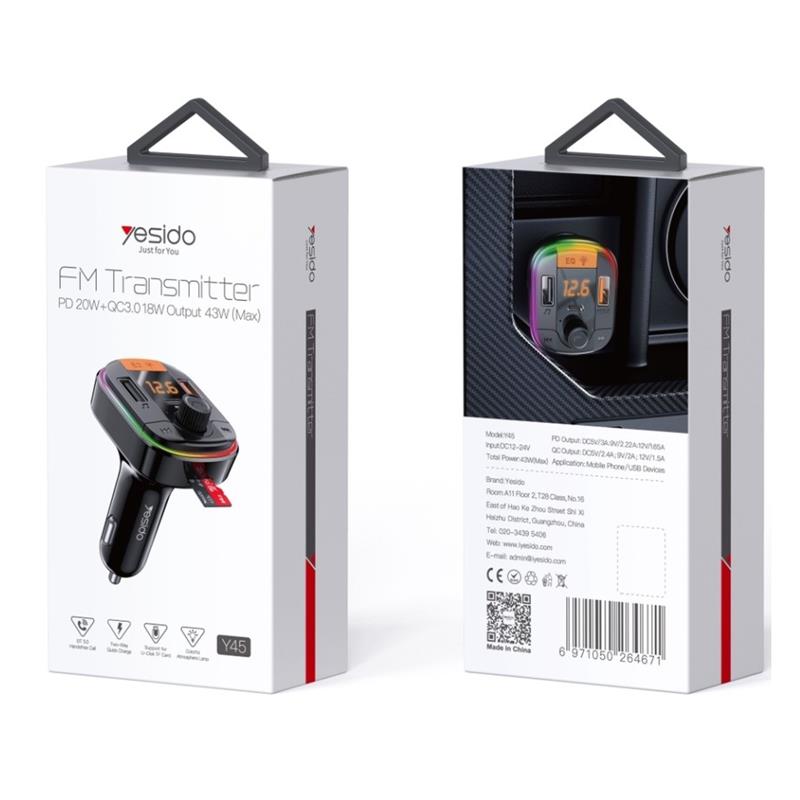 YESIDO BT5.0 FM TRANSMITTER Y45 43W LED USB-2xA+C + MICRO SD BLACK