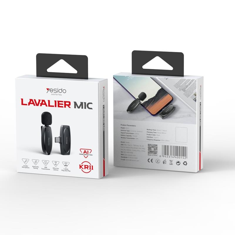 YESIDO MICROPHONE MEMS WITH CLIP KR11 TYPE-C, WIRELESS 2,4GHz, BLACK