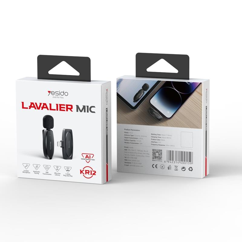 YESIDO MICROPHONE MEMS WITH CLIP KR12 LIGHTNING WIRELESS 2,4GHz, BLACK