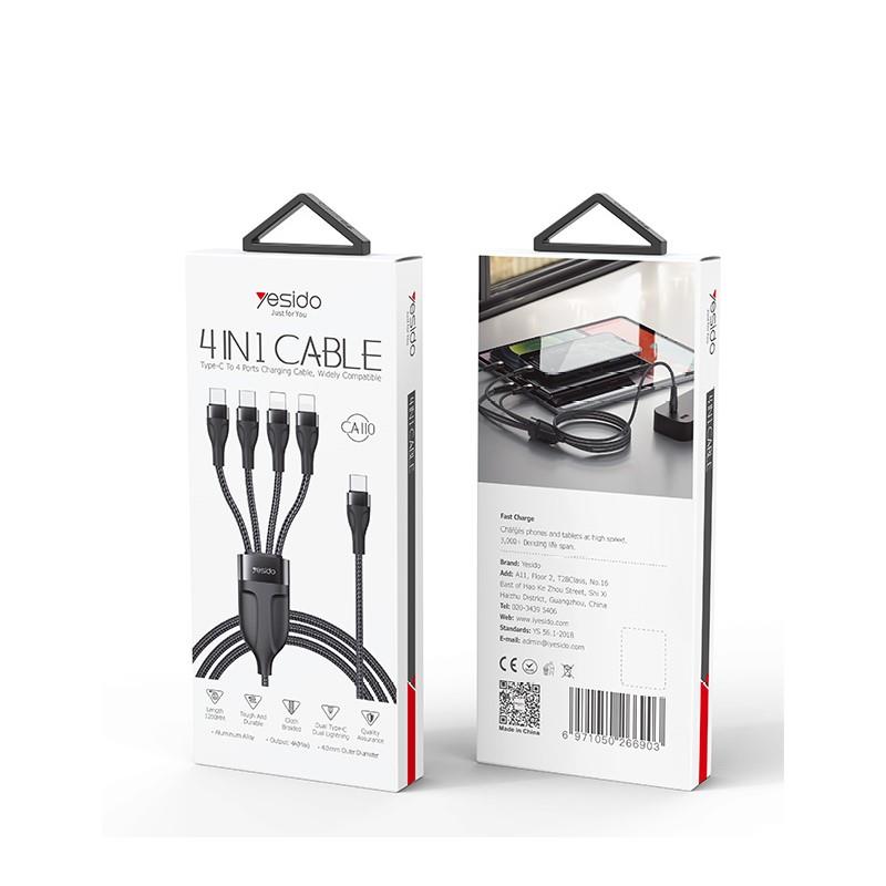 YESIDO CABLE CA110 TYPE-C/4IN1 (2xTYPE-C + 2x LIGHTNING) 1,2M 4A BLACK
