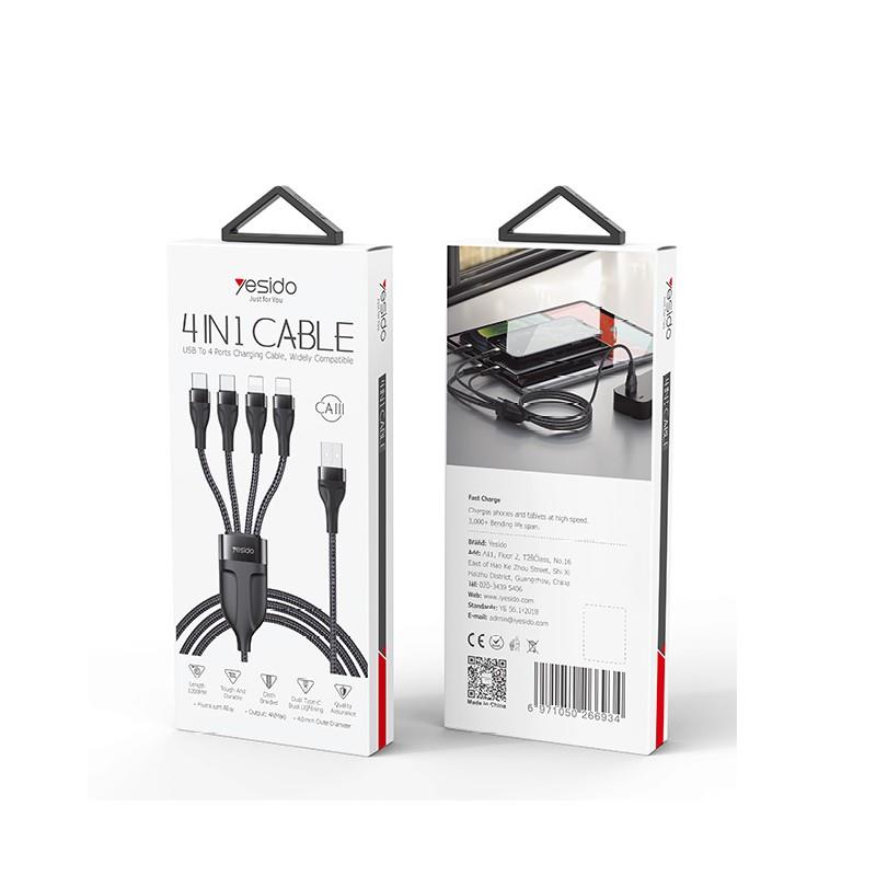 YESIDO CABLE CA111 USB-4IN1 (2xTYPE-C+2xLIGHTNING) 1,2M 4A, BLACK