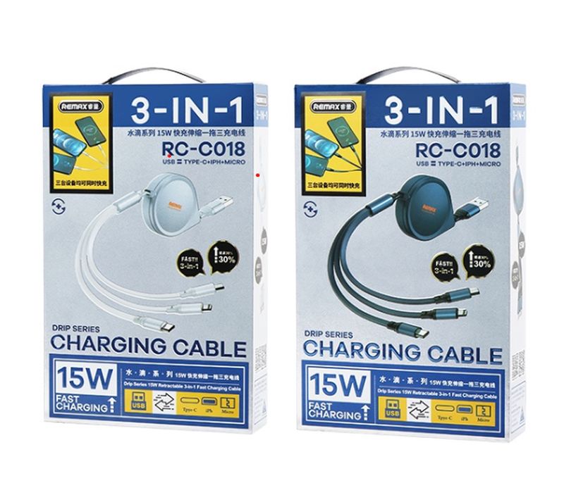 CABLE REMAX DRIP SERIES 15W 3IN1 USB-C/MICRO/LIGHTNING RC-C018 SILVER