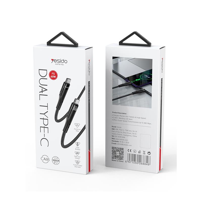 YESIDO CABLE CA116 PD 60W TYPE-C/TYPE-C 3M 3A BLACK