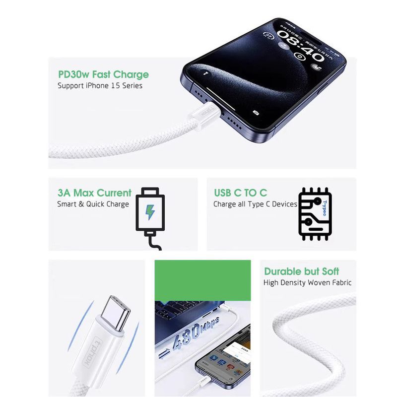 T-PHOX CABLE CC15 SERIES USB-C/USB-C 60W 3A 2M WHITE