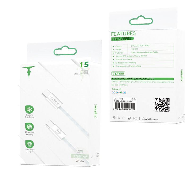T-PHOX CABLE CC15 SERIES USB-C/USB-C 60W 3A 2M WHITE