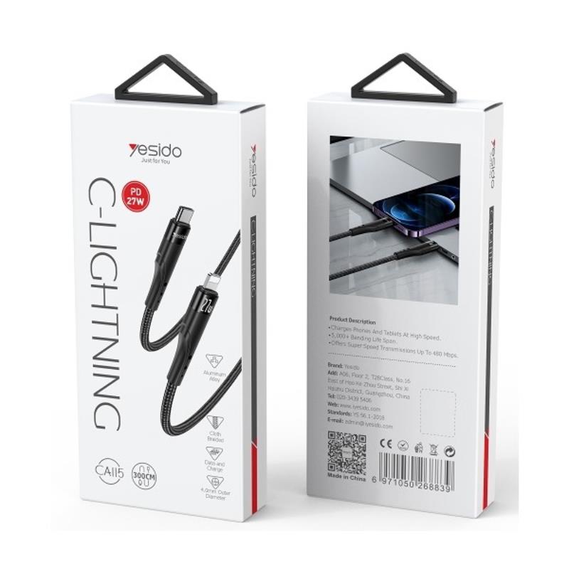 YESIDO CABLE CA115PD 27W TYPE-C/LIGHTNING 3M 1,67A BLACK