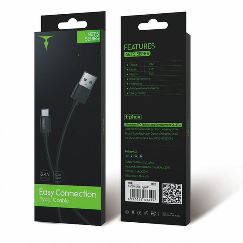 CABLE T-PHOX NETS TYPE-C BLACK 3A ; PVC ; 2M