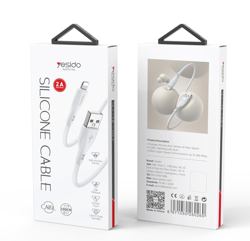 YESIDO SILICONE CABLE CA119 12W USB/LIGHTNING 1M 2,4A WHITE