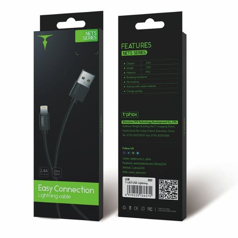 T-PHOX CABLE NETS LIGHTNING BLACK 3A ; PVC ; 2M