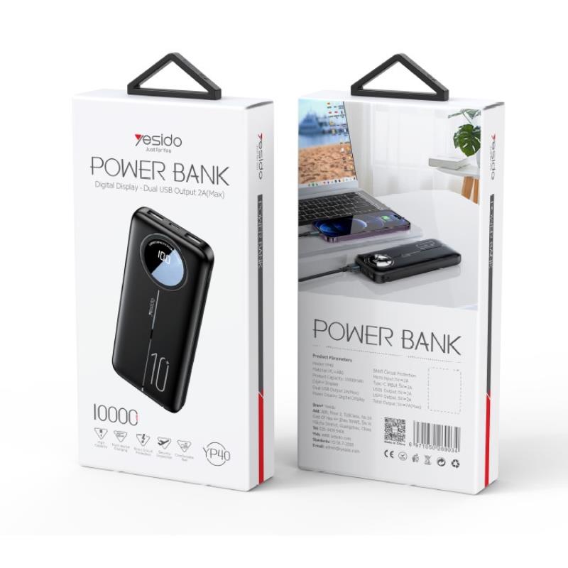 yesido Powerbank YP40 10 000 mAh LED, 2xUSB-A + USB-C, BLACK