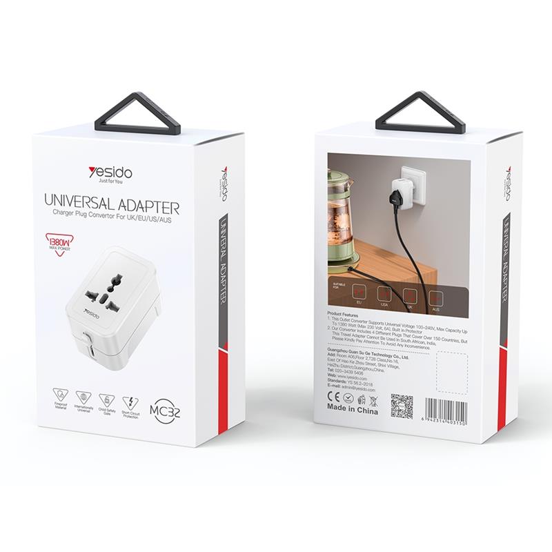 YESIDO MC32 UNIVERSAL ADAPTER UK/EU/US/AUS MAX 6A WHITE