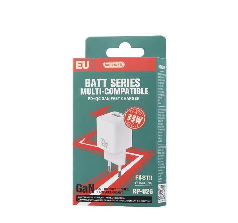 REMAX WALL CHARGER BATT SERIES PD QC 33W RP-U26 1xUSB + 1xUSB-C WHITE