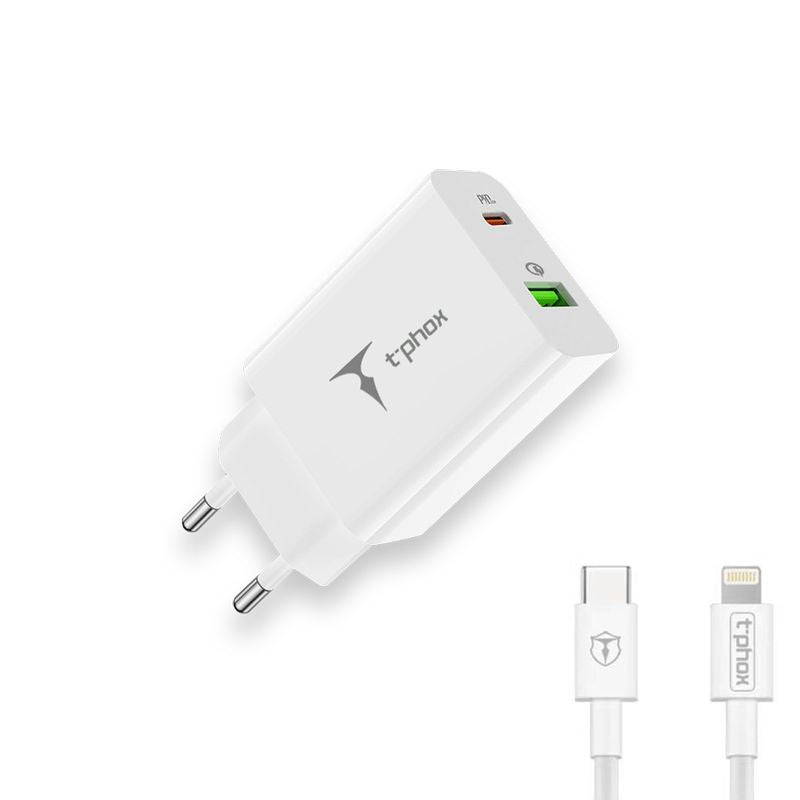 WALL CHARGER T-PHOX SPEEDY USB-C 20W/USB 18W PD QC + CABLE LIGHTNING 1M WHITE