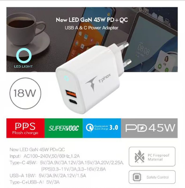 WALL CHARGER T-PHOX GLORY 45W USB/USB-C WHITE