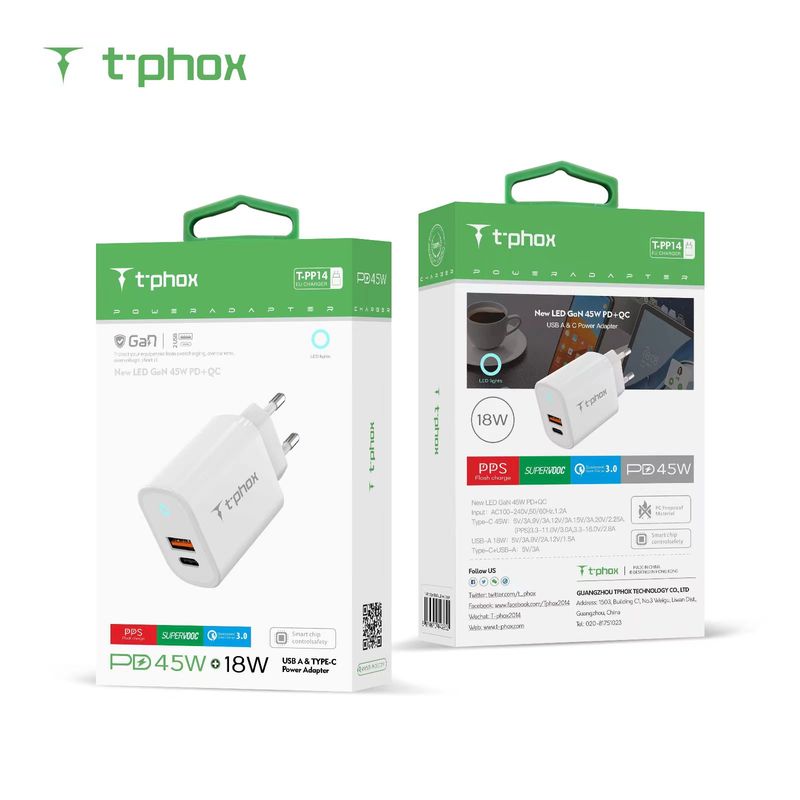 WALL CHARGER T-PHOX GLORY 45W USB/USB-C WHITE
