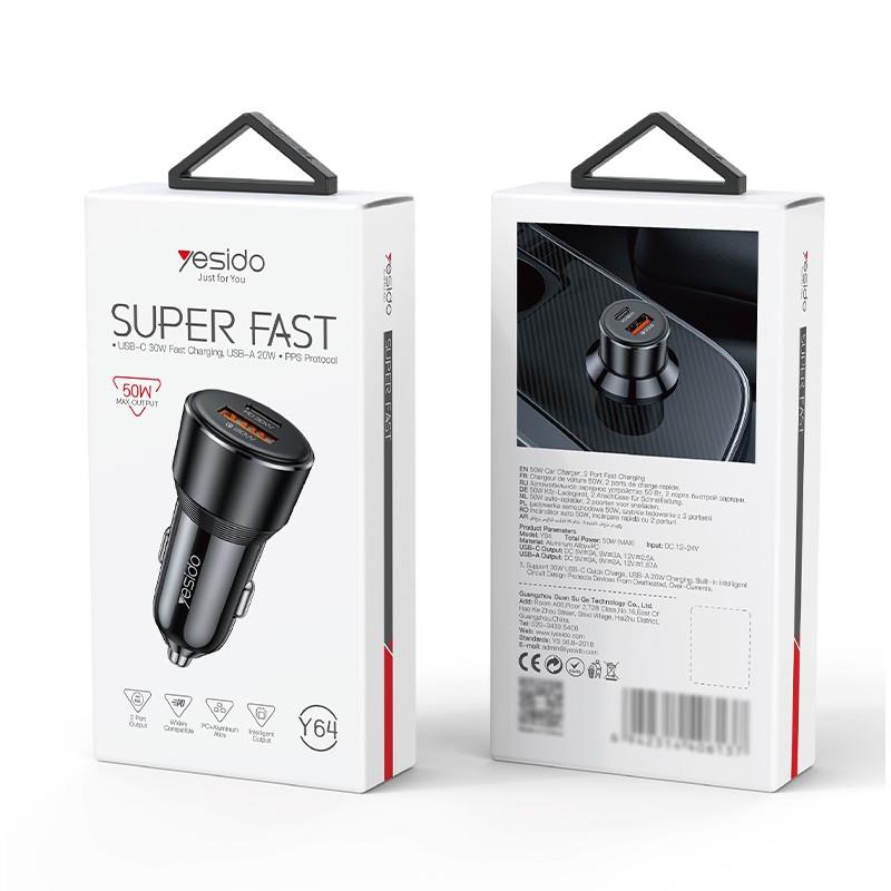 YESIDO CAR CHARGER Y64 50W FAST CHARGING USB-A+C BLACK
