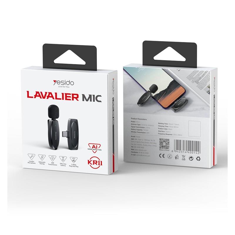 YESIDO KR13 MICROPHONE MEMS 2PCS WITH CLIP TYPE-C  WIRELESS 2,4GHz BLACK