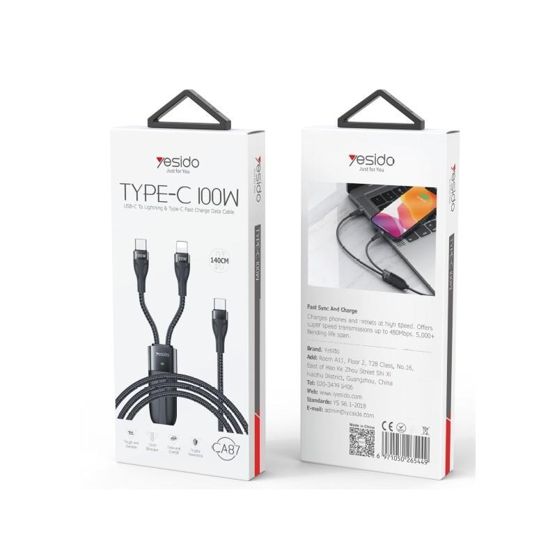 YESIDO CABLE CA87 100W TYPE-C/2IN1  1,4M 3,5A BLACK