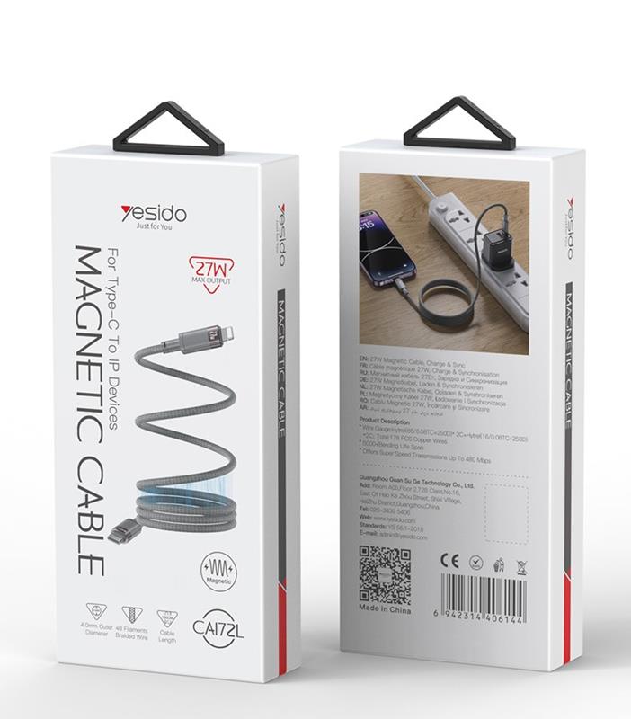YESIDO MAGNETIC CABLE  CA172L 27W TYPE-C/LIGHTNING 1M 3A GREY