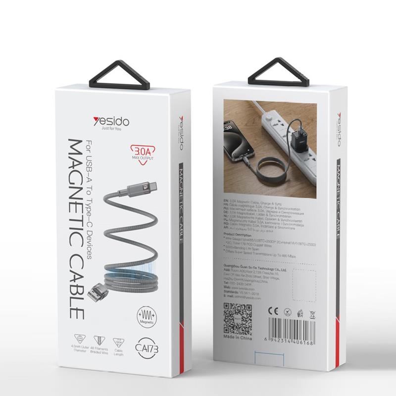 YESIDO MAGNETIC CABLE  CA173 18W USB/TYPE-C 1M 3A GREY