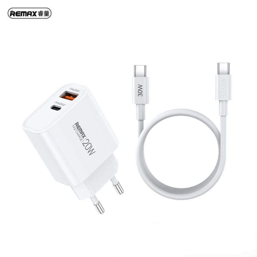 REMAX WALL CHARGER CABLE SET 20W RP-U120 USB/USB-C + USB-C TO USB-C CABLE WHITE