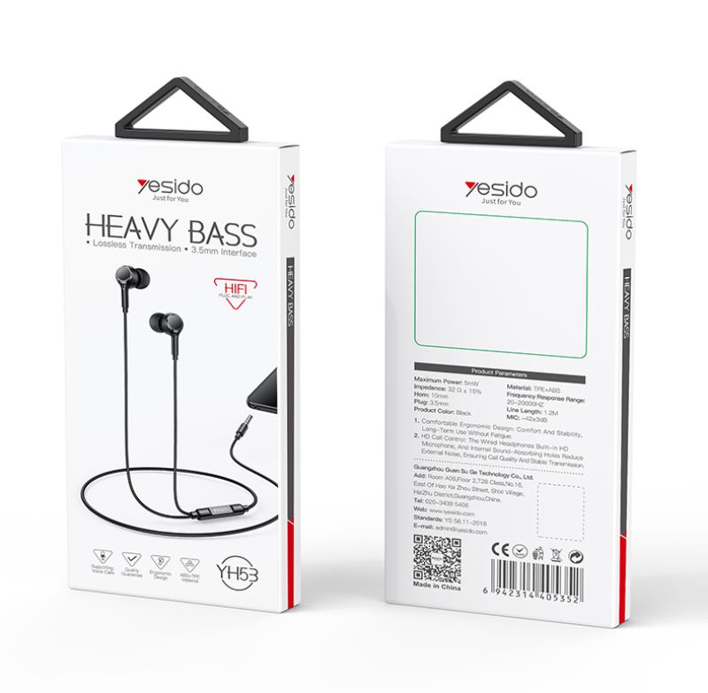 YESIDO IN-EAR PHONES YH53 AUX 3,5MM 120CM BLACK