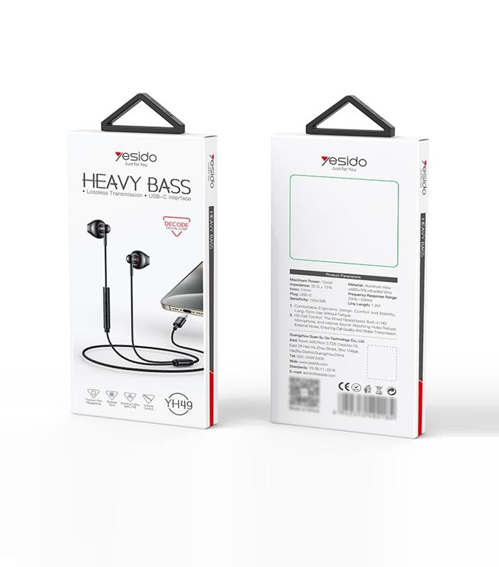 YESIDO EAR PHONES YH49 TYPE-C 120CM BLACK