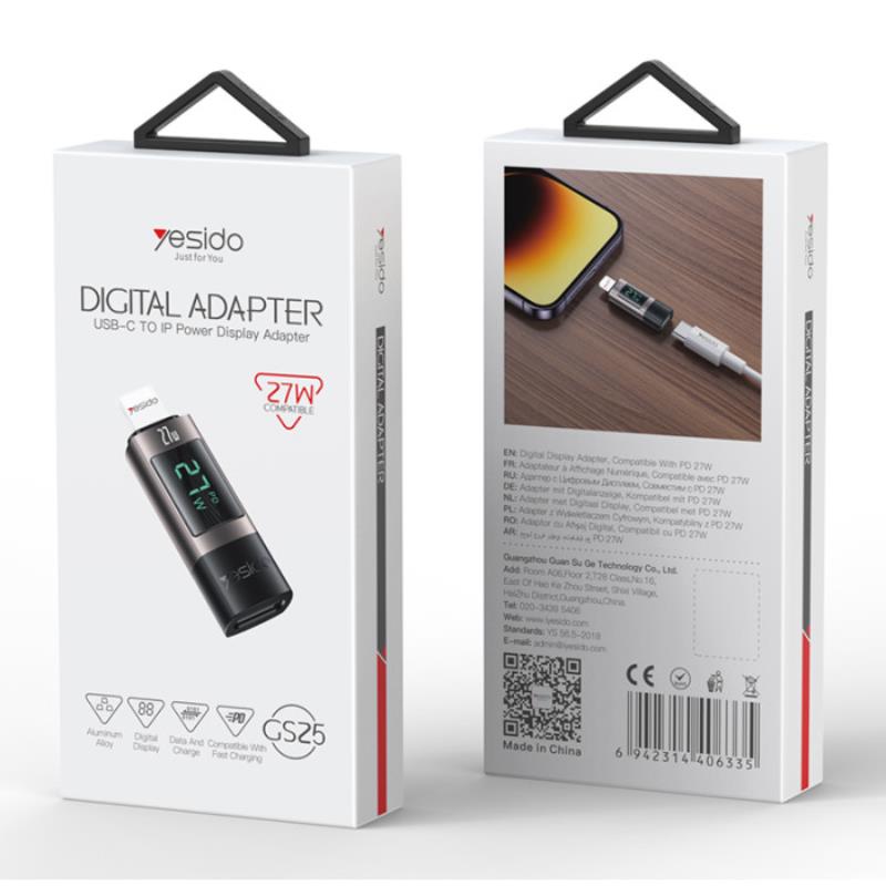 YESIDO OTG ADAPTER GS25 LIGHTNING/TYPE-C LED 27W BLACK