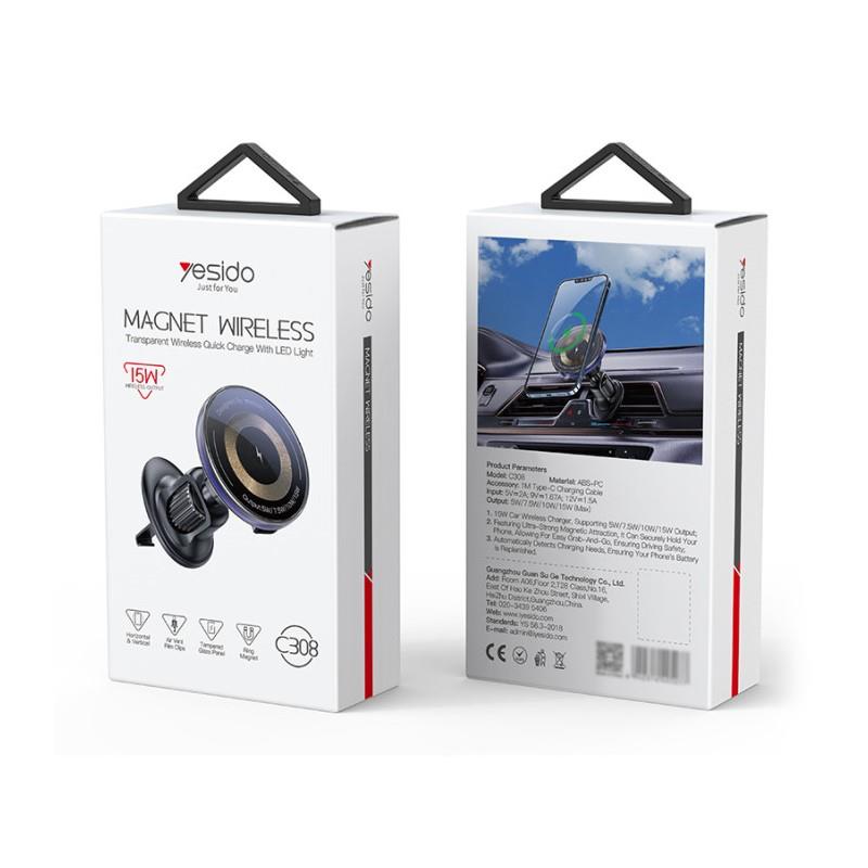 YESIDO MAGNETIC CAR HOLDER C308 FOR VENT, WIRELESS 15W, MAGSAFE BLACK